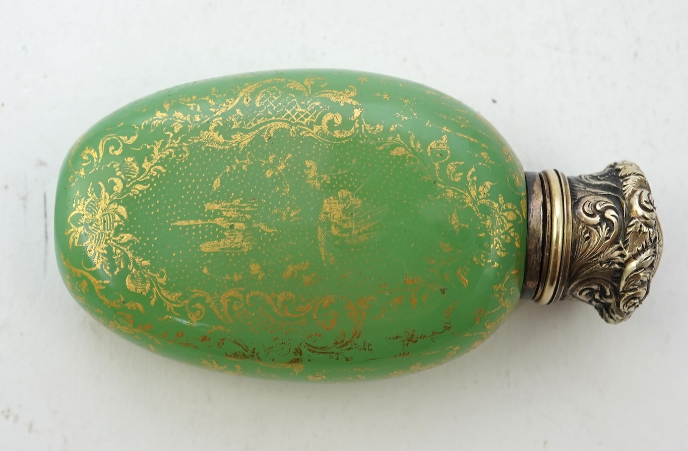 A late 19th century gilt white metal mounted green opaline glass scent flask, by Sampson Mordan & Co